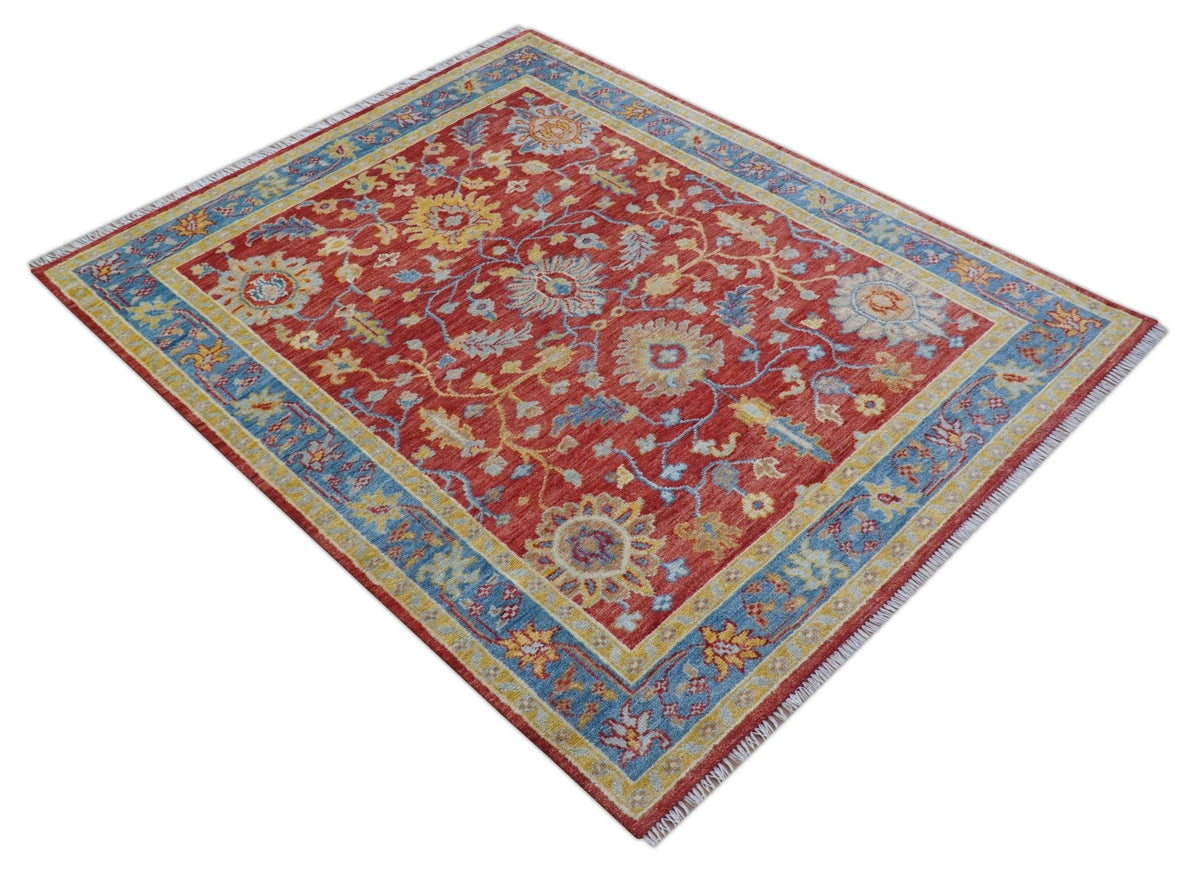 Brickle Red And Blue Traditional Hand Knotted Wool Area Rug.