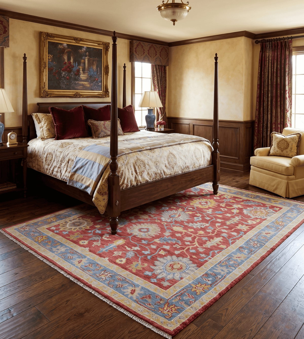 Brickle Red And Blue Traditional Hand Knotted Wool Area Rug.