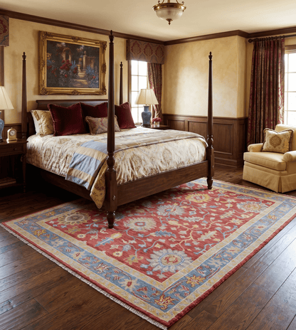Brickle Red And Blue Traditional Hand Knotted Wool Area Rug.