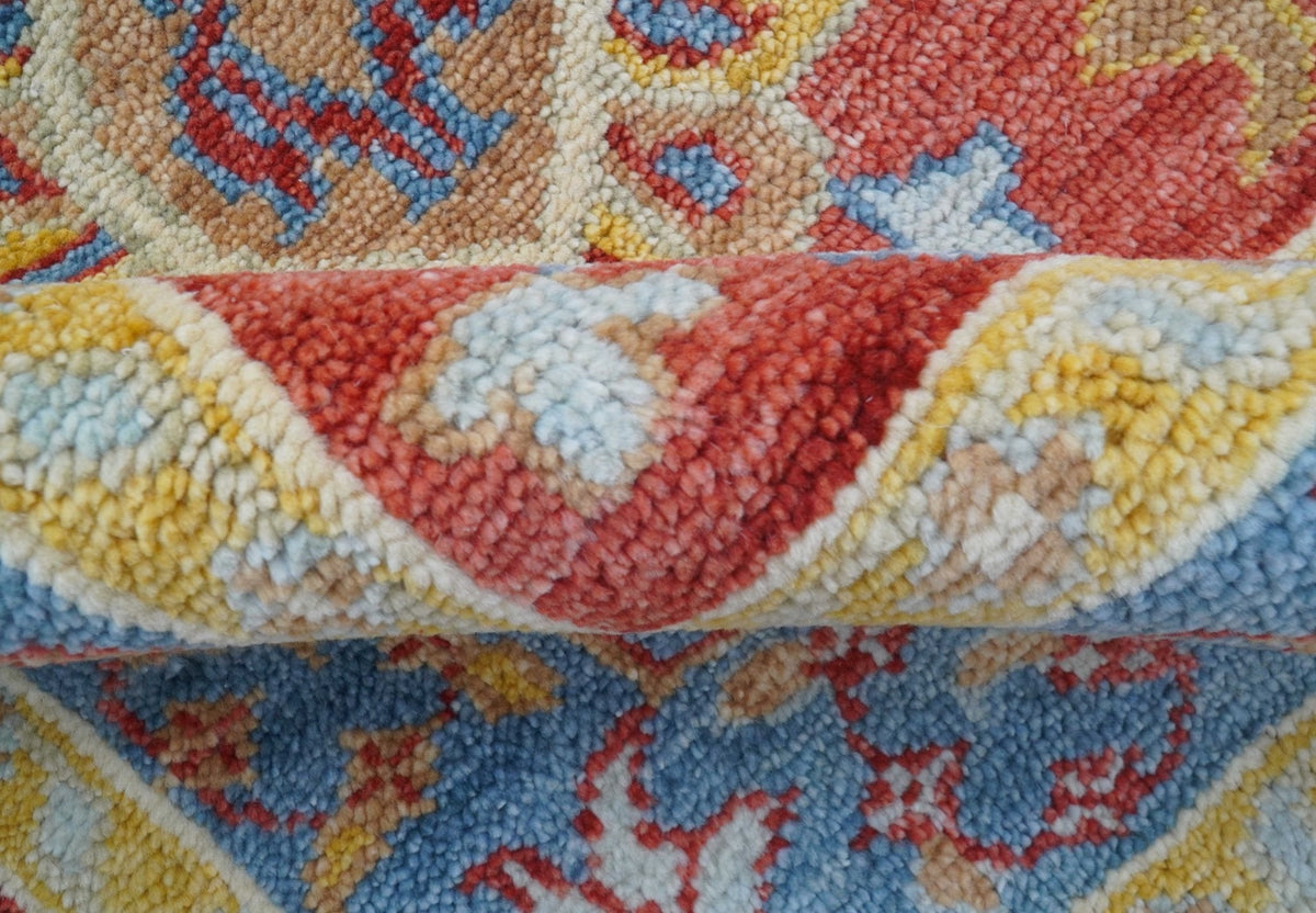 Brickle Red And Blue Traditional Hand Knotted Wool Area Rug.