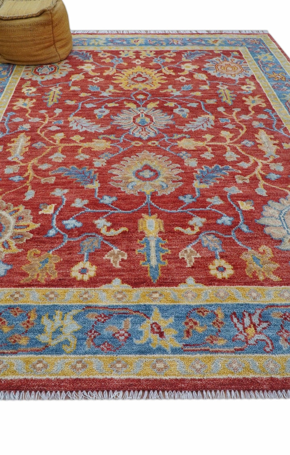 Brickle Red And Blue Traditional Hand Knotted Wool Area Rug.