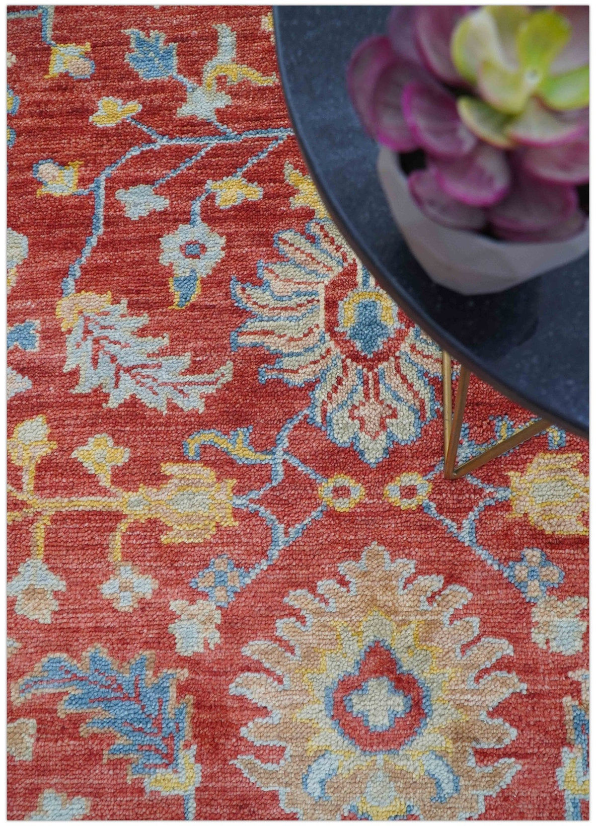 Brickle Red And Blue Traditional Hand Knotted Wool Area Rug.