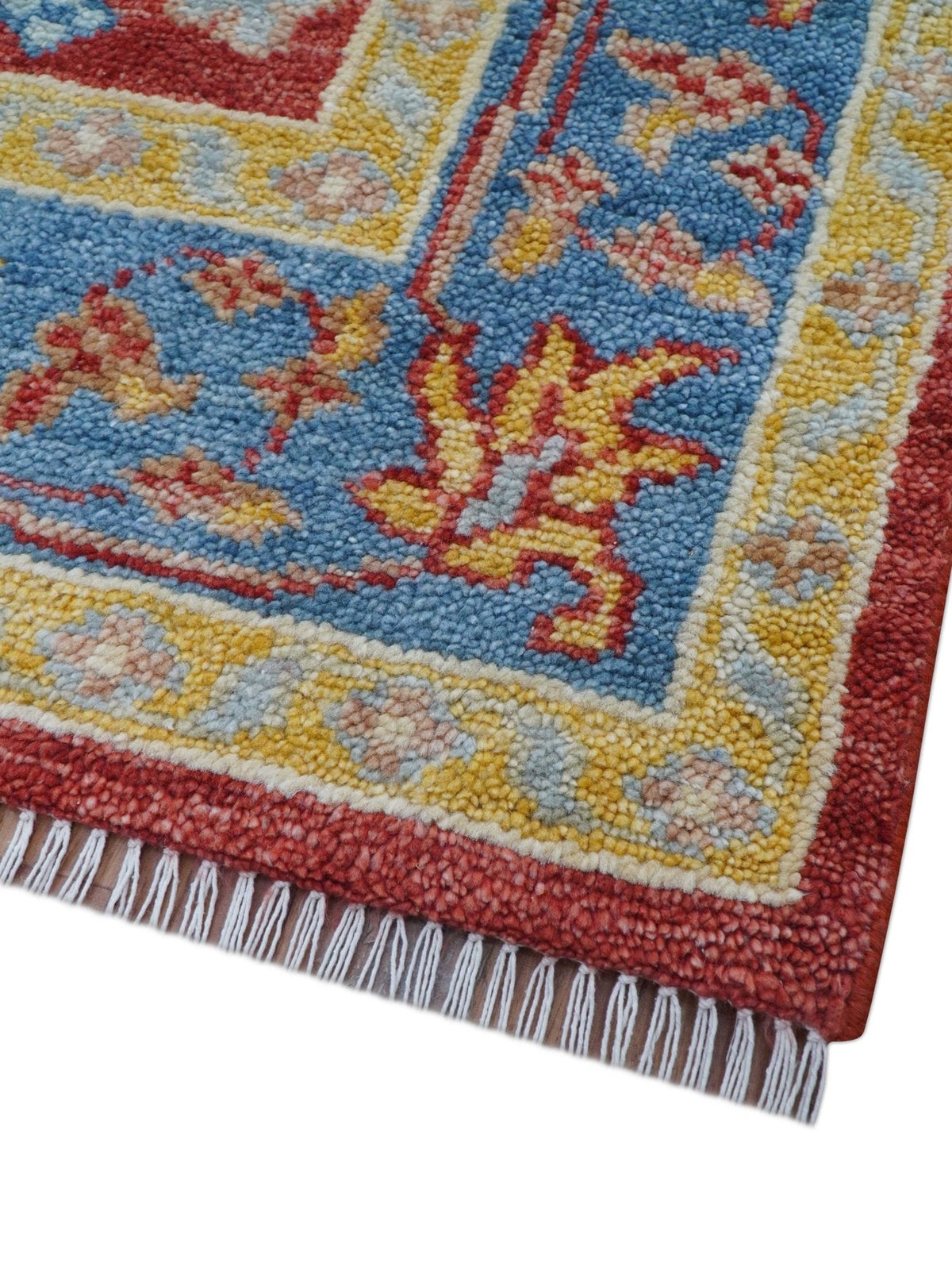 Brickle Red And Blue Traditional Hand Knotted Wool Area Rug.