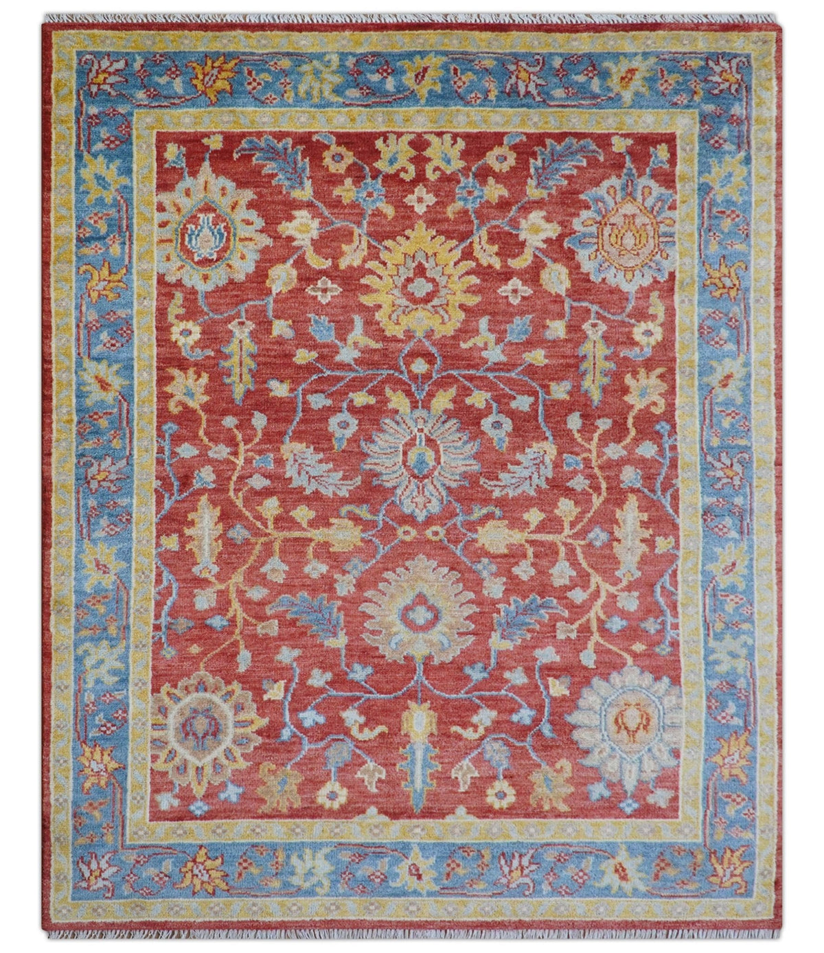 Brickle Red And Blue Traditional Hand Knotted Wool Area Rug.