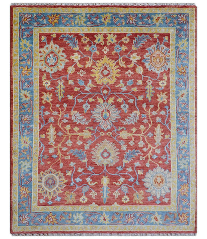 Brickle Red And Blue Traditional Hand Knotted Wool Area Rug.