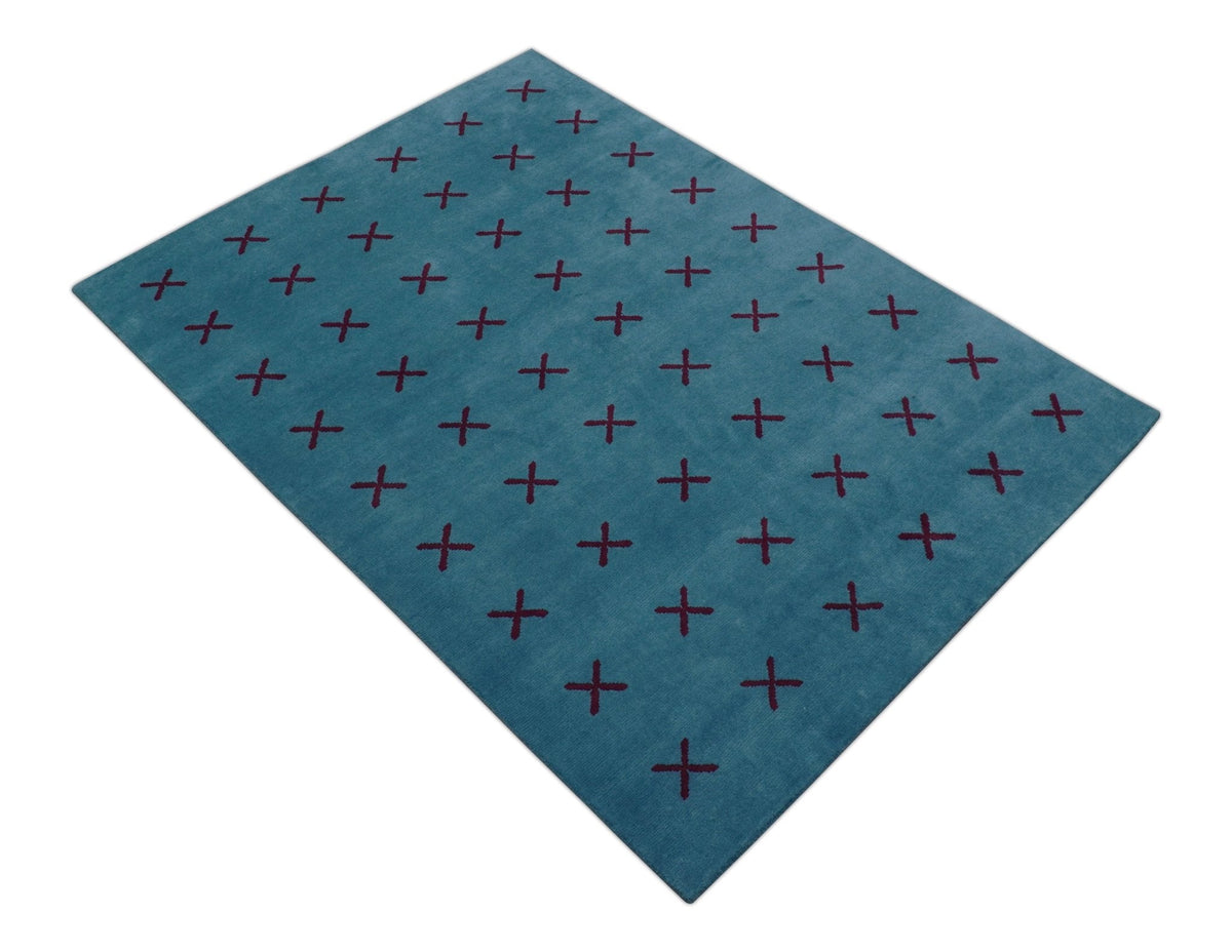 Brisk Custom Made Contemporary Design Blue Hand Knotted Wool Rug.