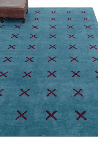 Brisk Custom Made Contemporary Design Blue Hand Knotted Wool Rug.
