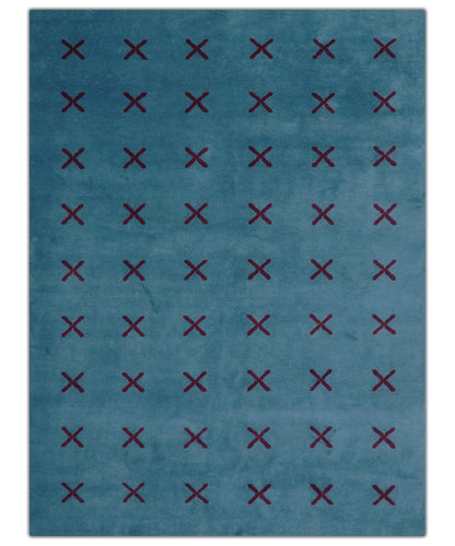 Brisk Custom Made Contemporary Design Blue Hand Knotted Wool Rug.