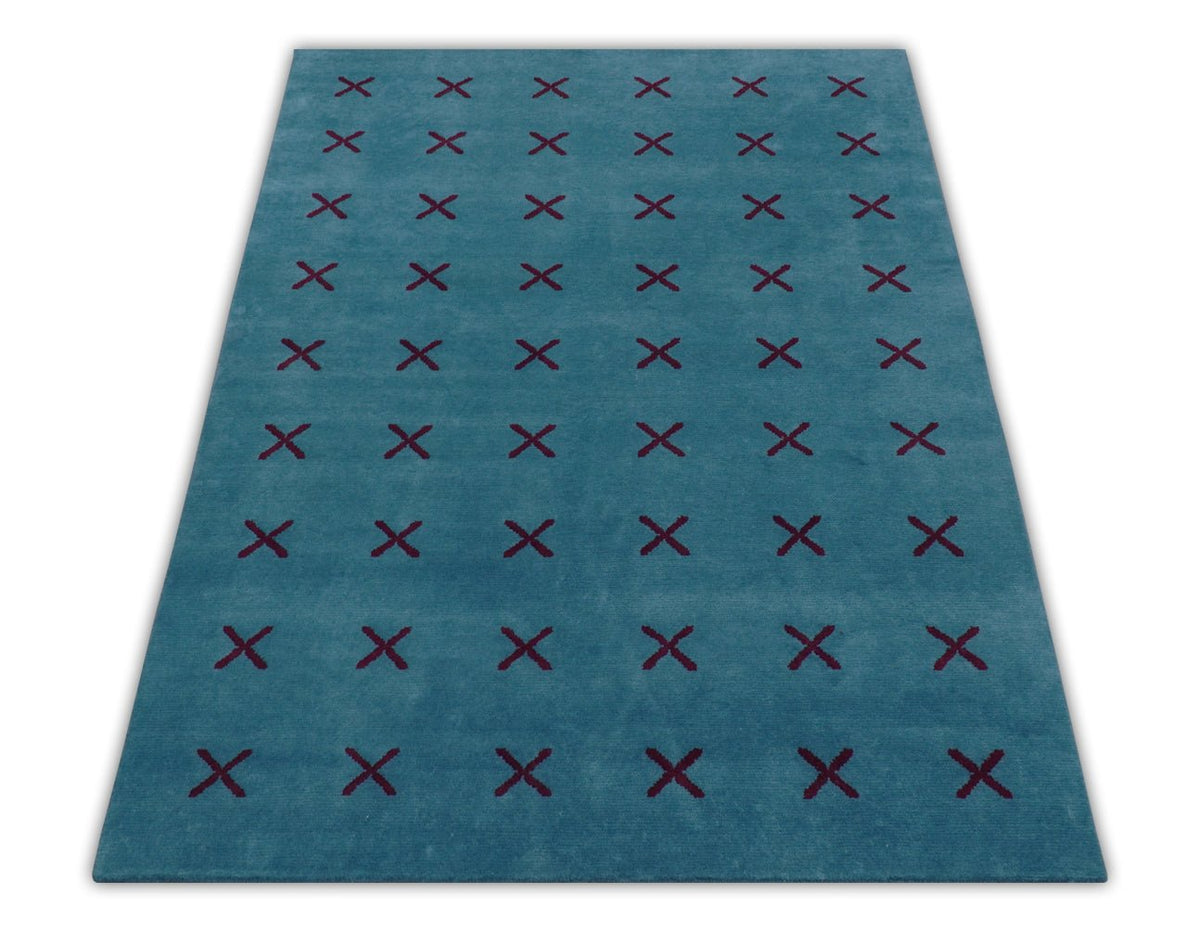 Brisk Custom Made Contemporary Design Blue Hand Knotted Wool Rug.