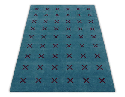 Brisk Custom Made Contemporary Design Blue Hand Knotted Wool Rug.