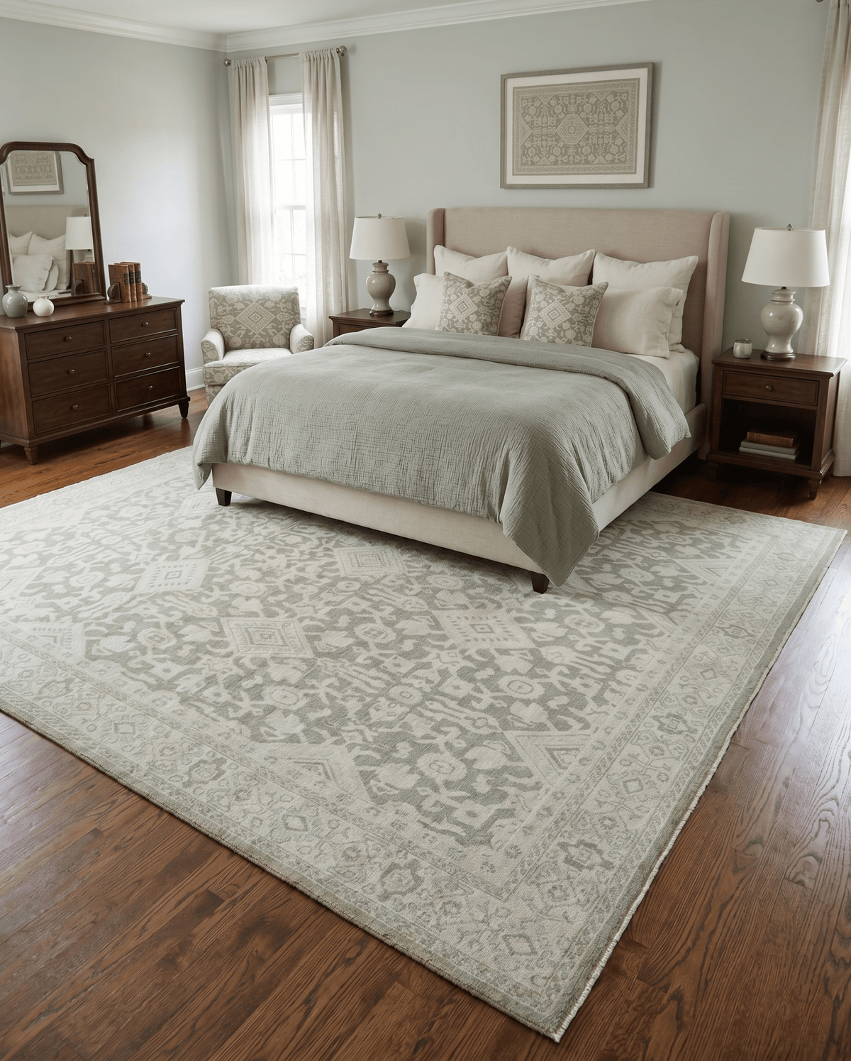 Brown and Beige Hand Knotted Wool Low Pile Vintage Area Rug.
