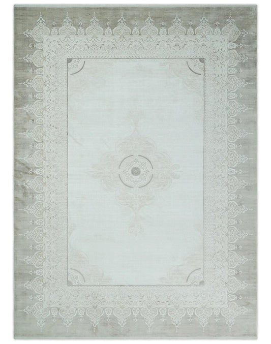 Traditional Brown and Ivory Antique Finish Art Silk Area Rug.