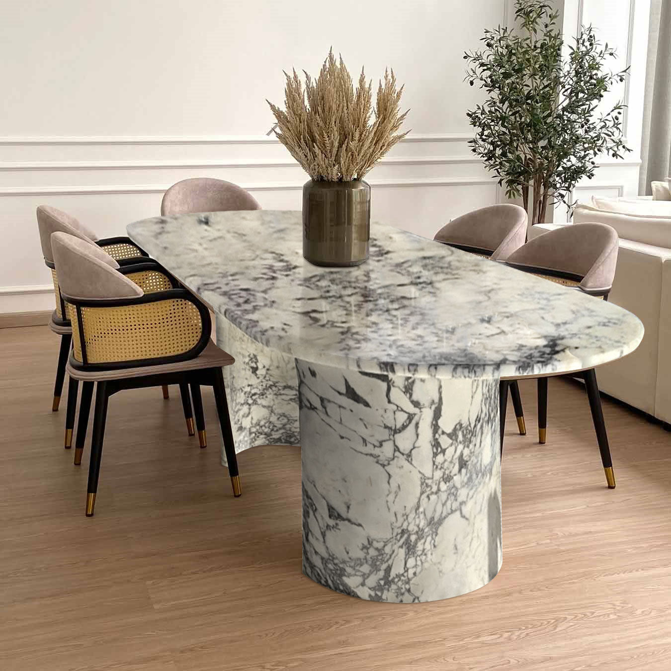 TCSC Calacatta Viola Marble Oval Dining Table with C Shape Marble Legs Polished