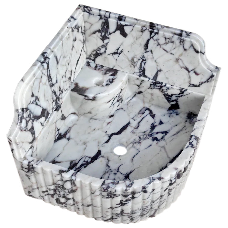 Calacatta Viola Marble Wall-mount Bathroom Corner Sink Fluted with 8" Backsplash.