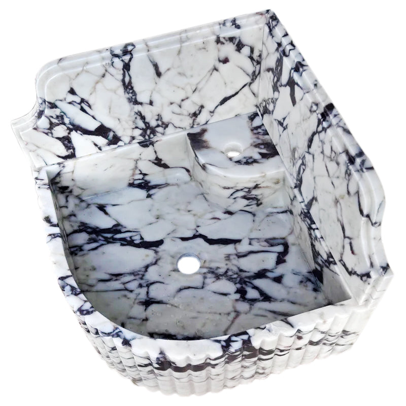 Calacatta Viola Marble Wall-mount Bathroom Corner Sink Fluted with 8" Backsplash.