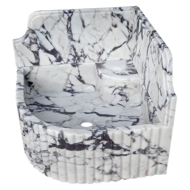 Calacatta Viola Marble Wall-mount Bathroom Corner Sink Fluted with 8" Backsplash.