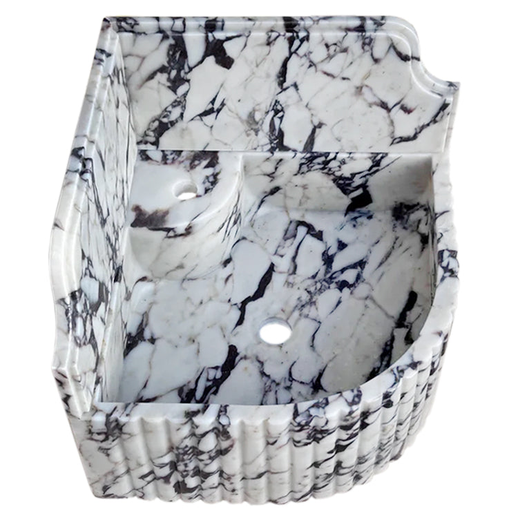 Calacatta Viola Marble Wall-mount Bathroom Corner Sink Fluted with 8" Backsplash.