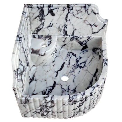 Calacatta Viola Marble Wall-mount Bathroom Corner Sink Fluted with 8" Backsplash.