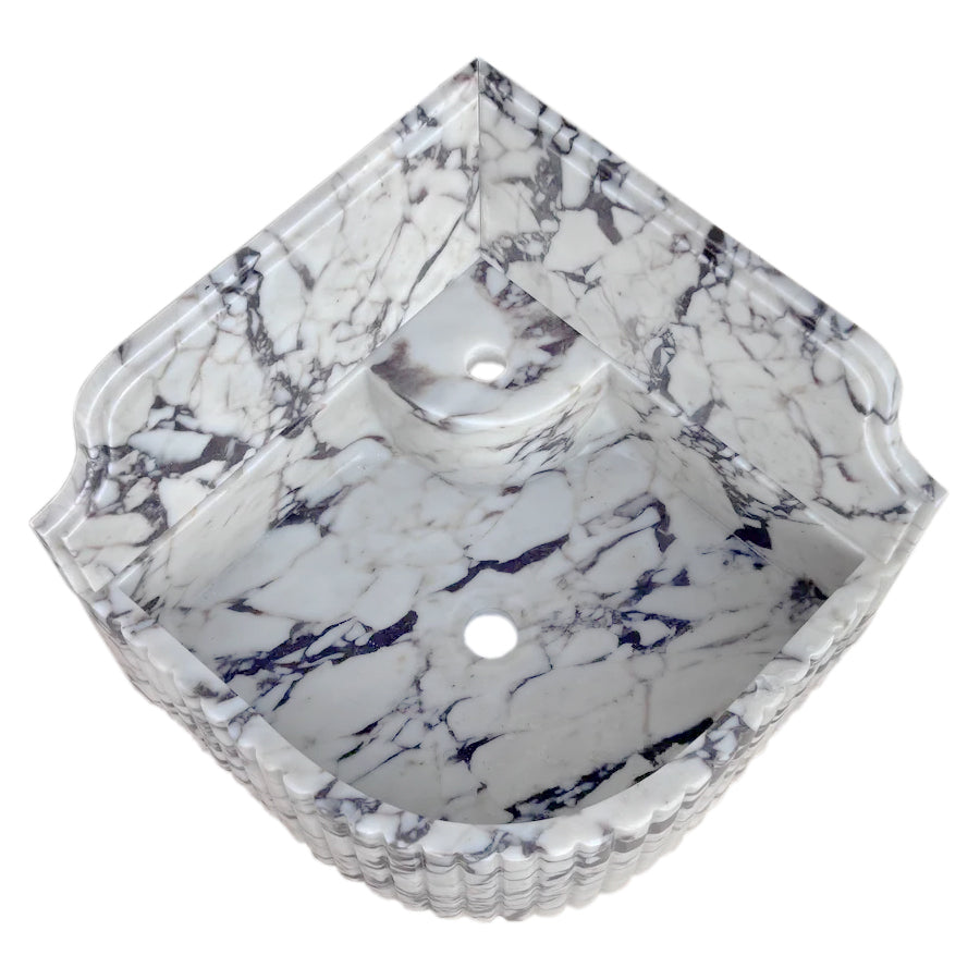 Calacatta Viola Marble Wall-mount Bathroom Corner Sink Fluted with 8" Backsplash.