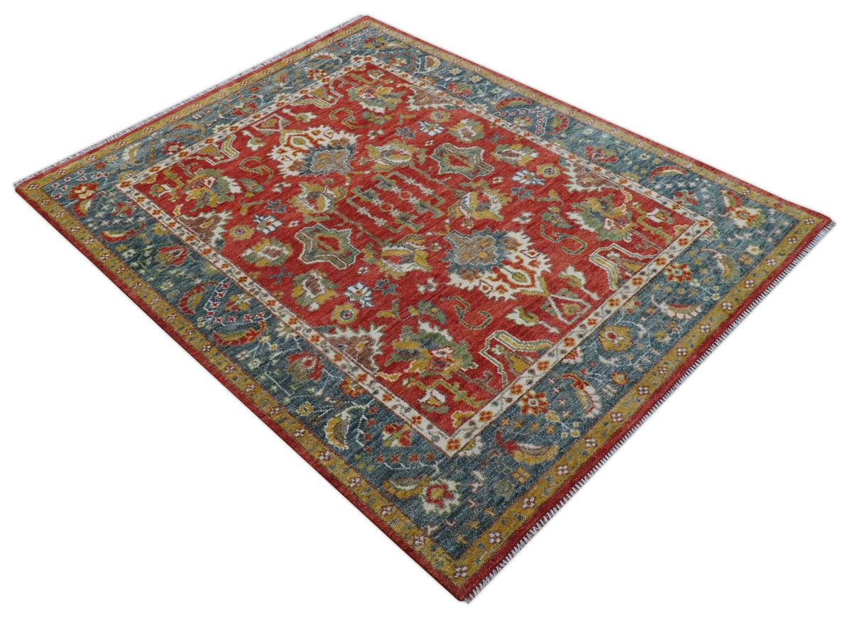 Cali Hand Knotted Turkish Design Rust And Blue Wool Rug.
