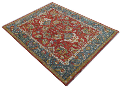 Cali Hand Knotted Turkish Design Rust And Blue Wool Rug.