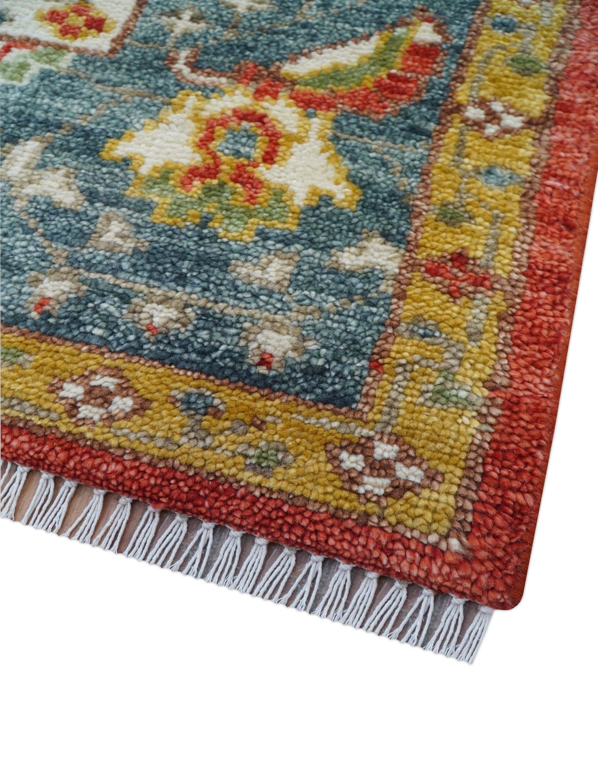 Cali Hand Knotted Turkish Design Rust And Blue Wool Rug.
