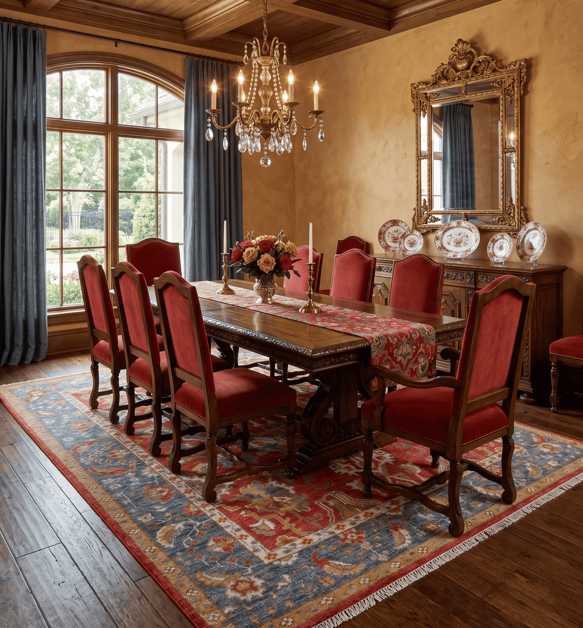 Cali Hand Knotted Turkish Design Rust And Blue Wool Rug.
