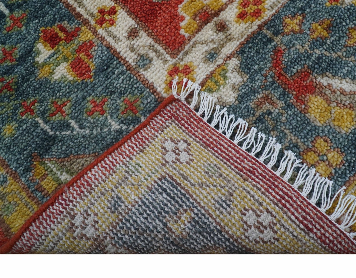 Cali Hand Knotted Turkish Design Rust And Blue Wool Rug.