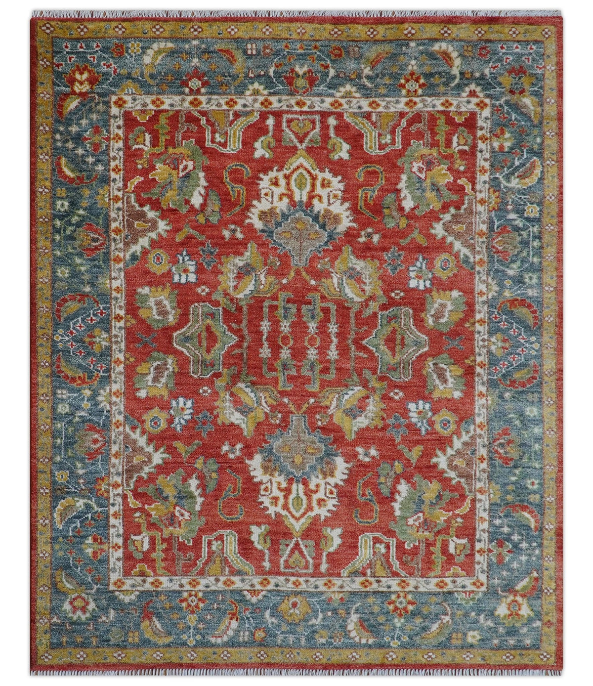 Cali Hand Knotted Turkish Design Rust And Blue Wool Rug.