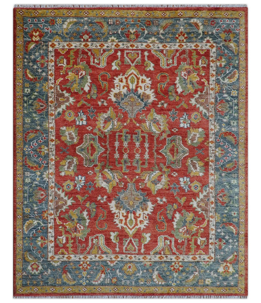Cali Hand Knotted Turkish Design Rust And Blue Wool Rug.