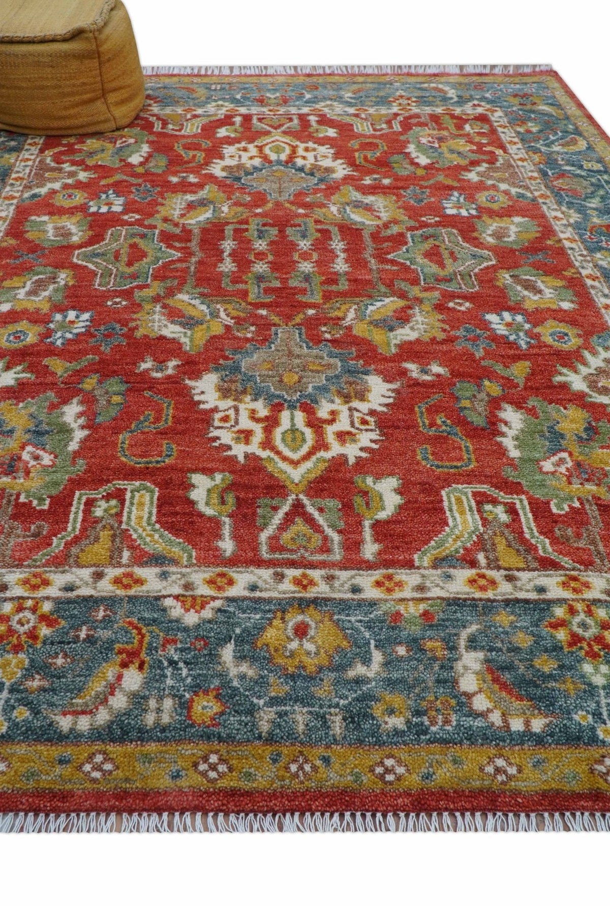 Cali Hand Knotted Turkish Design Rust And Blue Wool Rug.