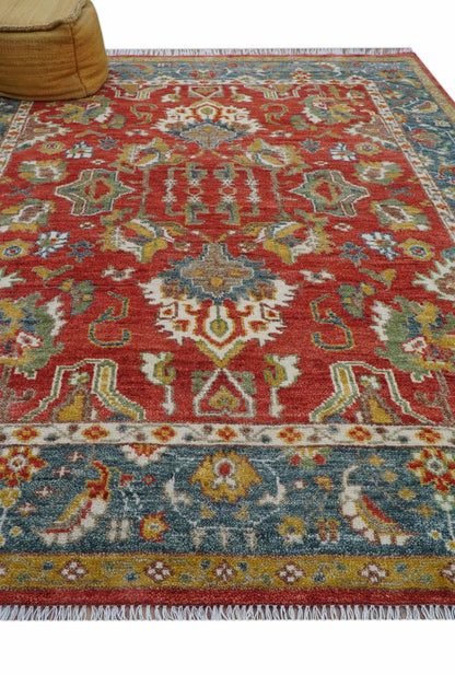 Cali Hand Knotted Turkish Design Rust And Blue Wool Rug.