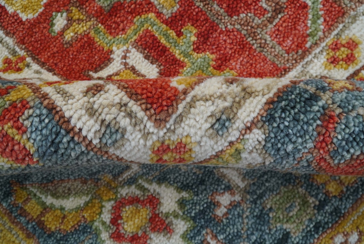 Cali Hand Knotted Turkish Design Rust And Blue Wool Rug.