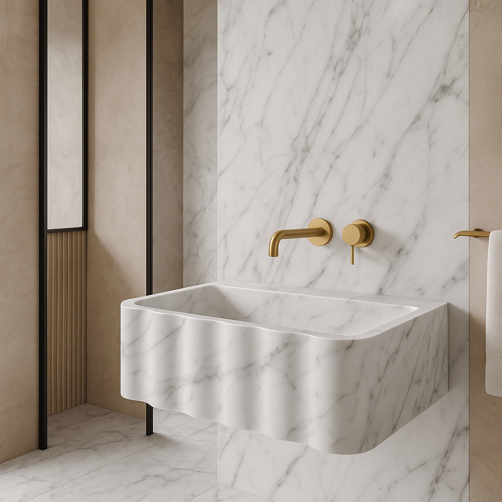 Carrara White Marble Wall-mount Bathroom Sink Fluted Front (W)16" (L)28" (H)10".