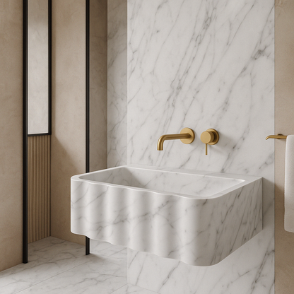 Carrara White Marble Wall-mount Bathroom Sink Fluted Front (W)16" (L)28" (H)10".
