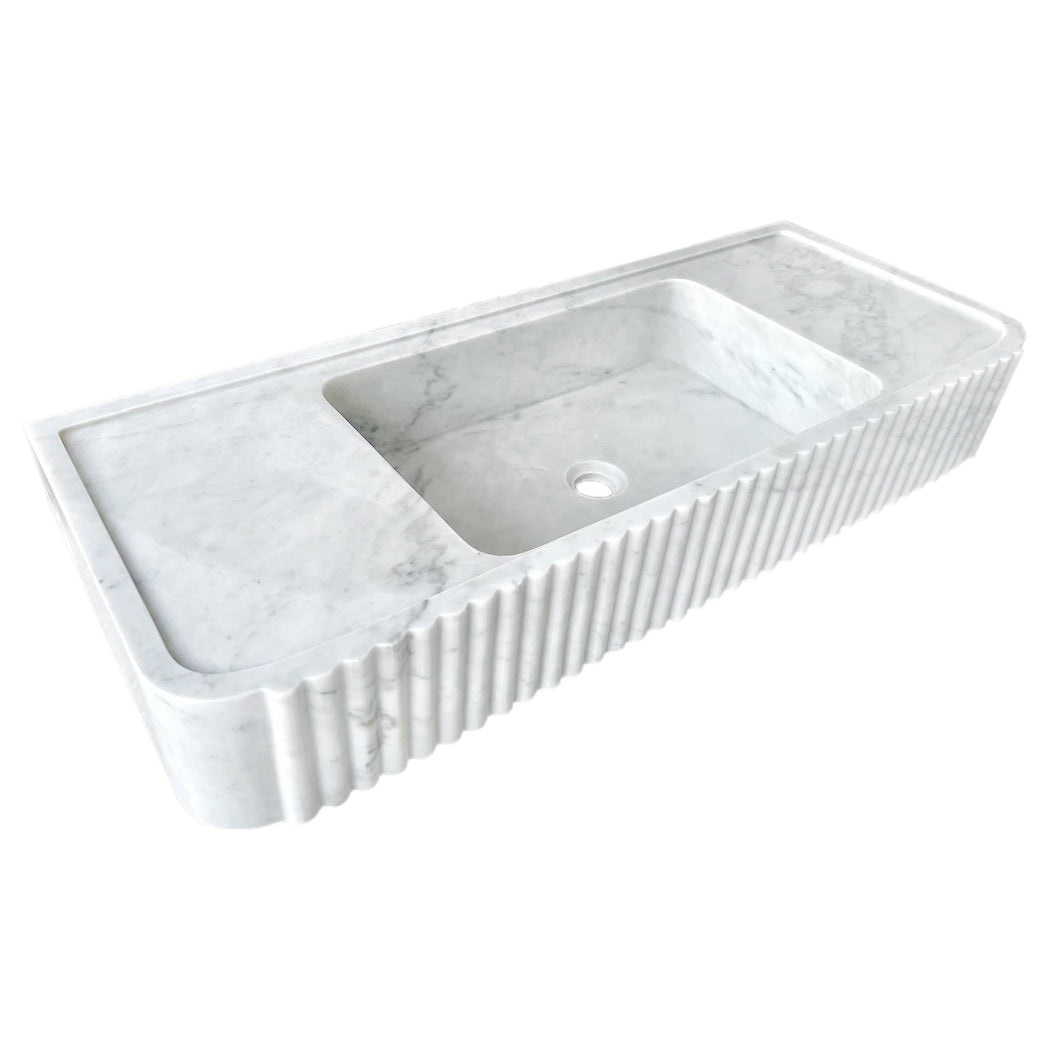 Carrara White Marble Wall-mount Bathroom Vanity Sink Fluted (W)16" (L)40" (H)6".