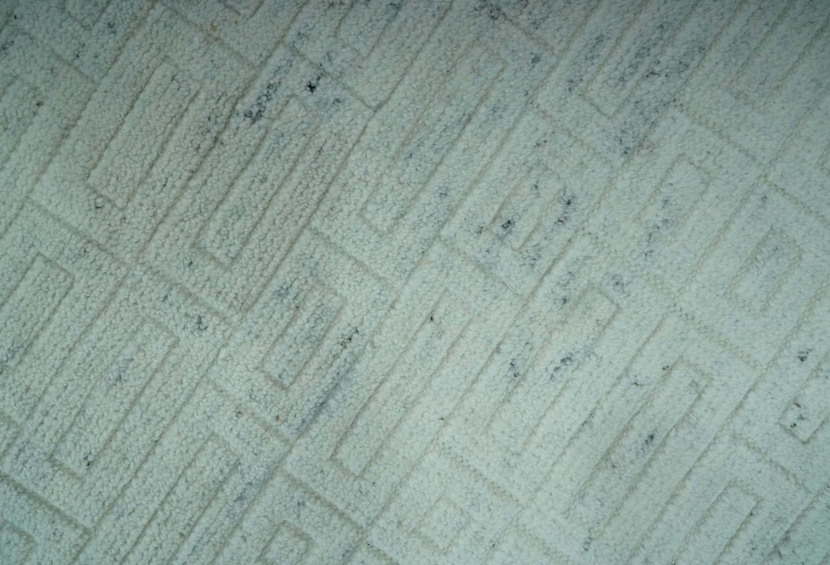 Carved Texture Modern Geometrical Design  Custom Made  Ivory and Light Blue Wool Area Rug.
