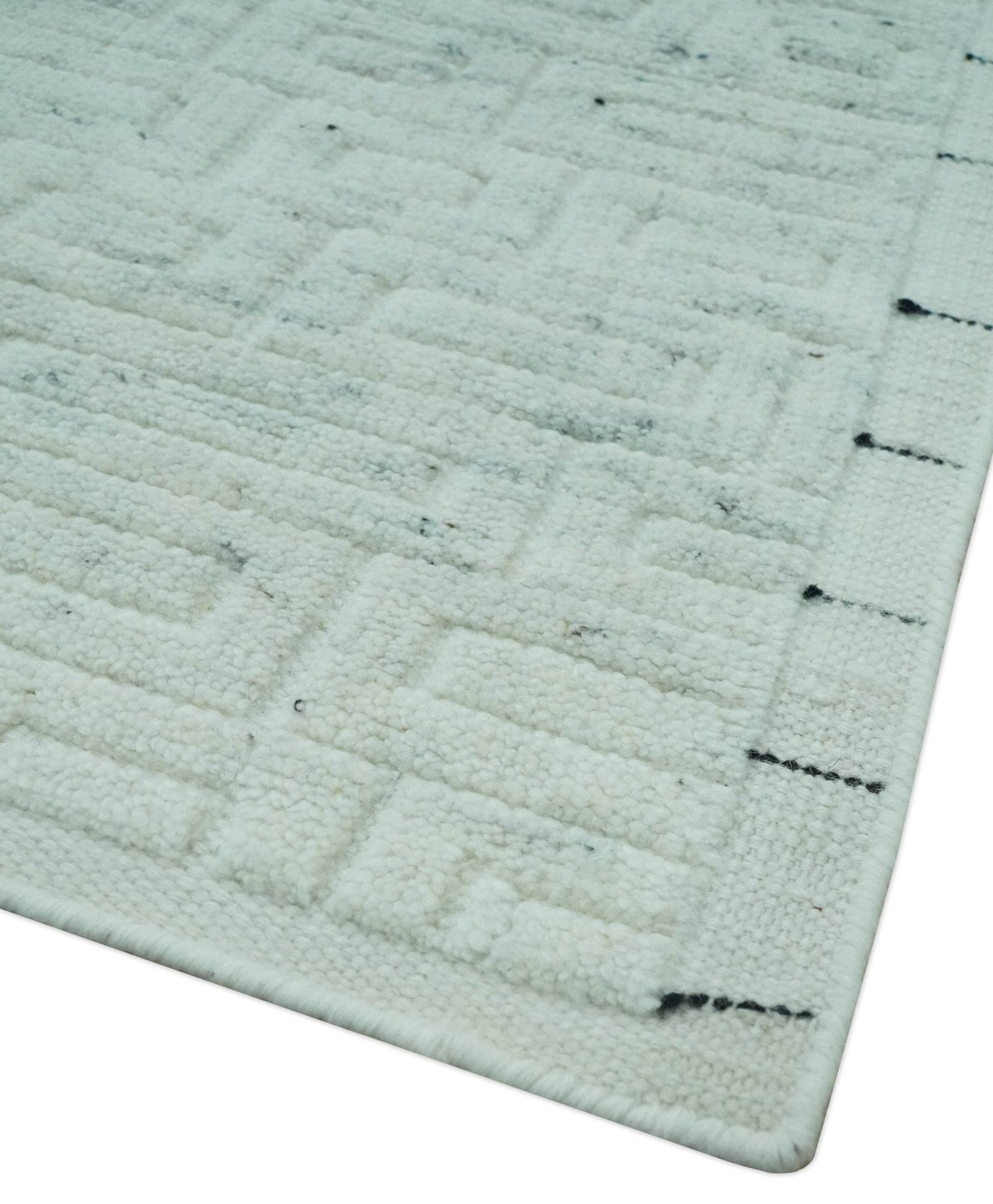 Carved Texture Modern Geometrical Design  Custom Made  Ivory and Light Blue Wool Area Rug.