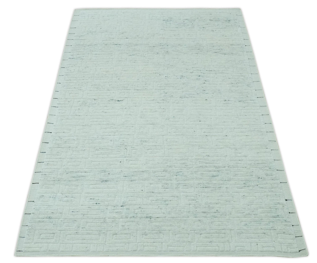 Carved Texture Modern Geometrical Design  Custom Made  Ivory and Light Blue Wool Area Rug.