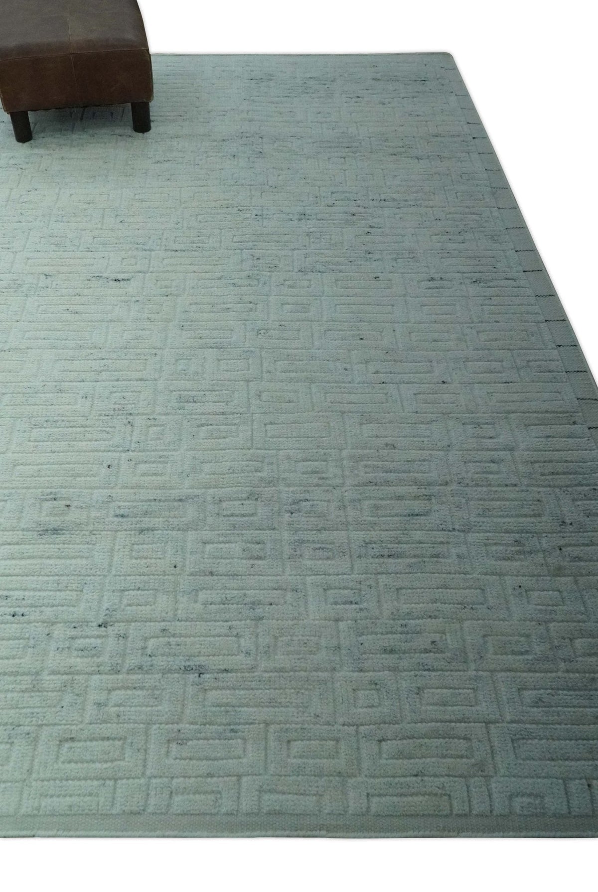 Carved Texture Modern Geometrical Design  Custom Made  Ivory and Light Blue Wool Area Rug.
