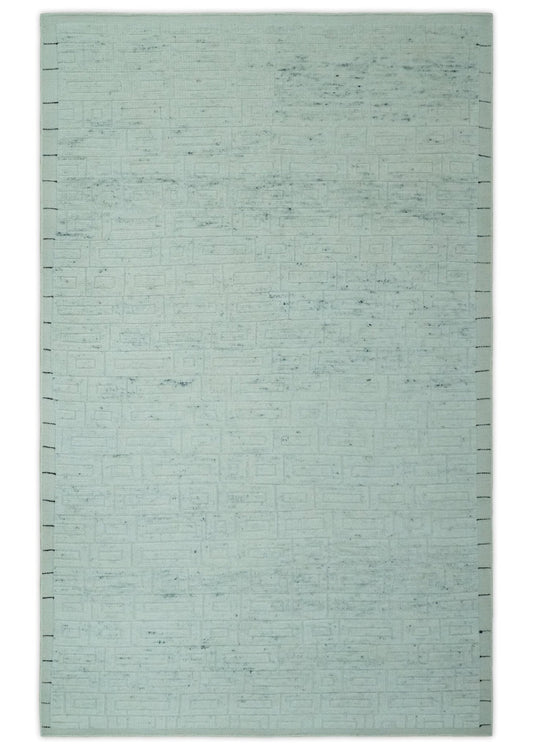 Carved Texture Modern Geometrical Design  Custom Made  Ivory and Light Blue Wool Area Rug.
