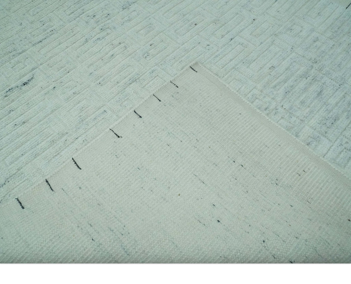 Carved Texture Modern Geometrical Design  Custom Made  Ivory and Light Blue Wool Area Rug.