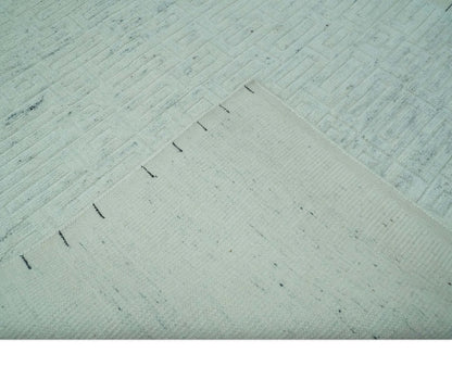 Carved Texture Modern Geometrical Design  Custom Made  Ivory and Light Blue Wool Area Rug.