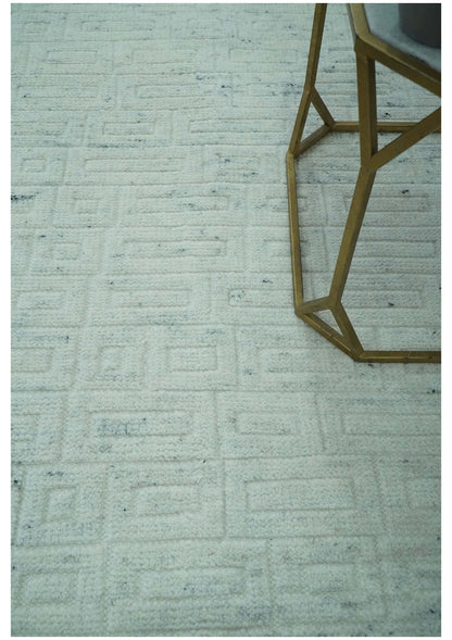 Carved Texture Modern Geometrical Design  Custom Made  Ivory and Light Blue Wool Area Rug.