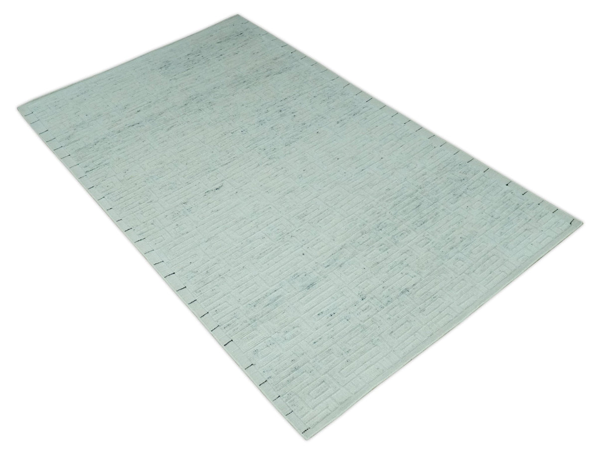 Carved Texture Modern Geometrical Design  Custom Made  Ivory and Light Blue Wool Area Rug.
