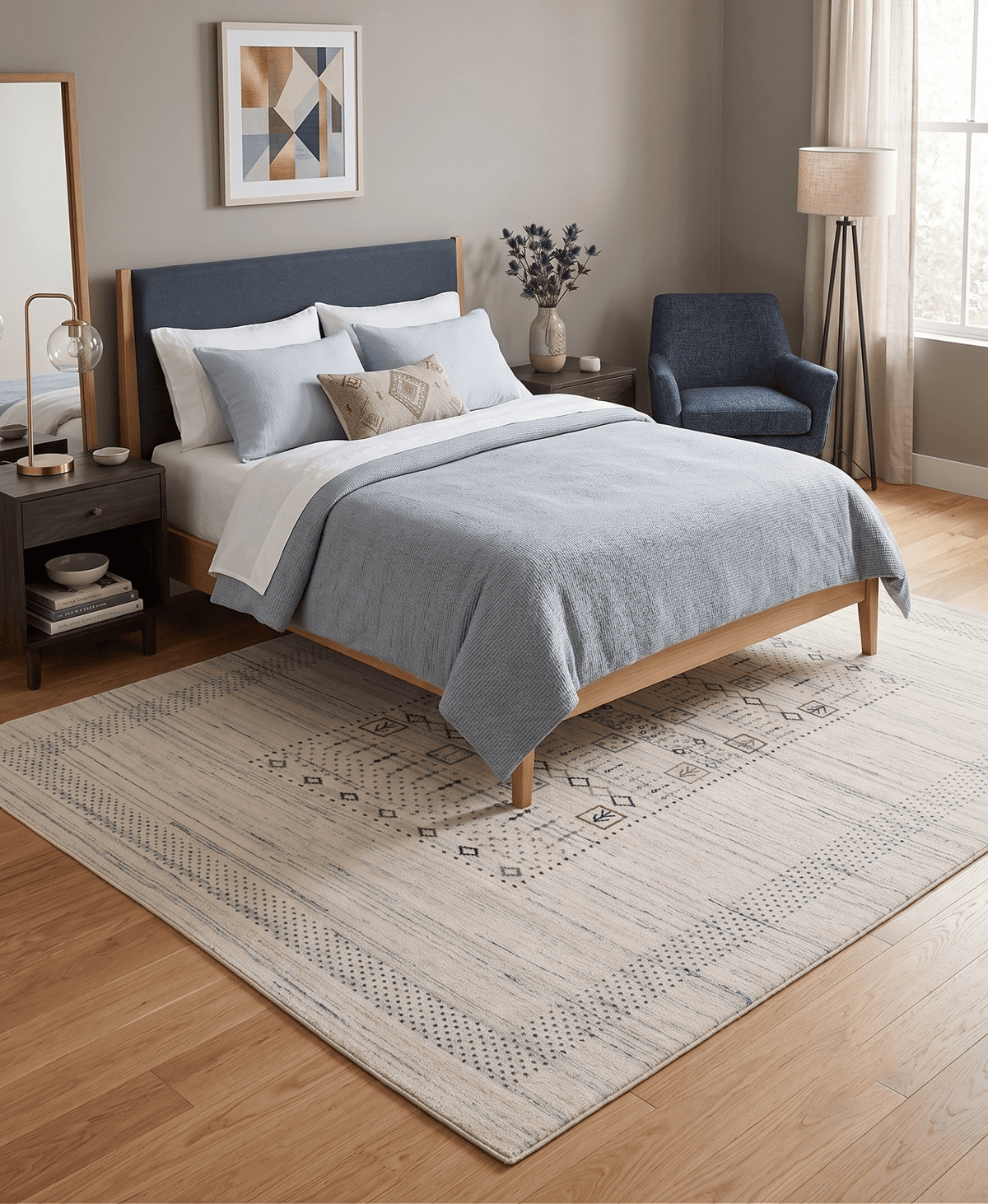 Center Pattern Natural Hand Loomed Wool Area Rug.