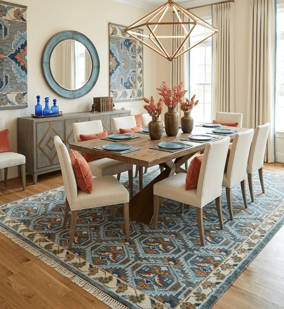 Charcoal And Blue Traditional Hand Knotted Multi Size Wool area Rug.