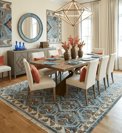 Charcoal And Blue Traditional Hand Knotted Multi Size Wool area Rug.