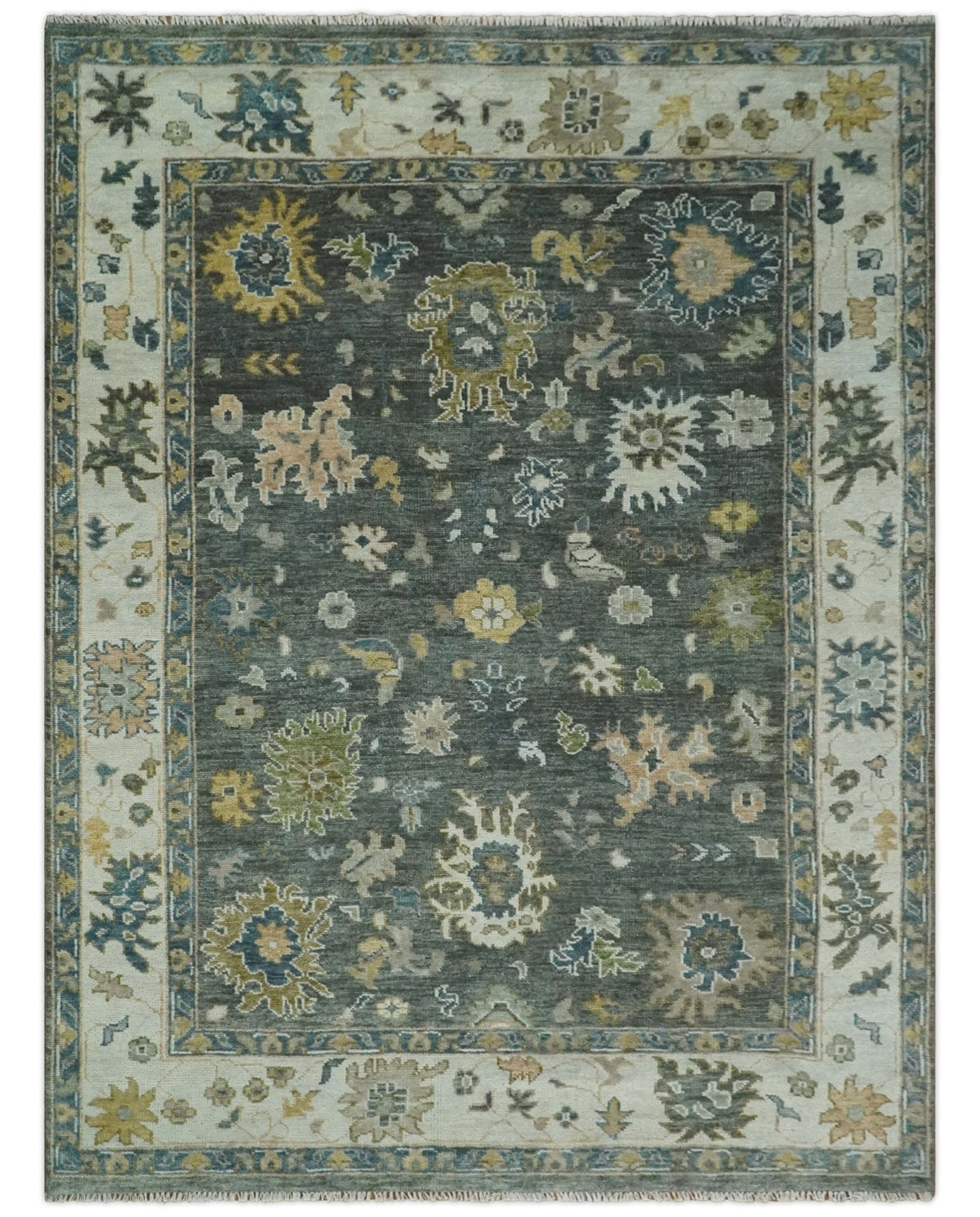 Charcoal and Ivory Hand Knotted Traditional Oushak Custom Made Wool Area Rug.
