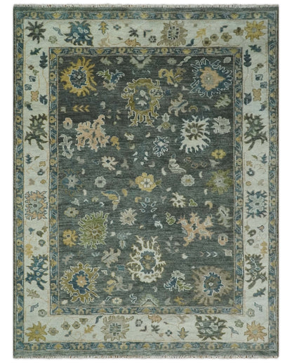 Charcoal and Ivory Hand Knotted Traditional Oushak Custom Made Wool Area Rug.